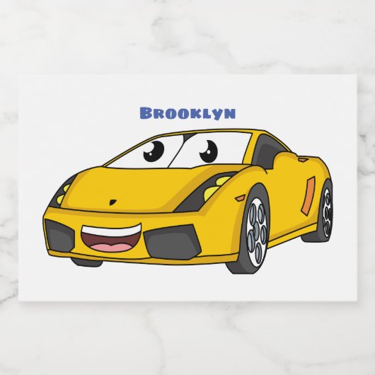 Cute happy yellow sport car cartoon voedselcontainer etiket (Enkel label)