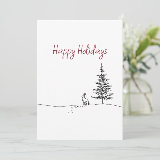 Cute Hare and Tree Line Art Festive Christmas Feestdagenkaart (Staand voorkant)
