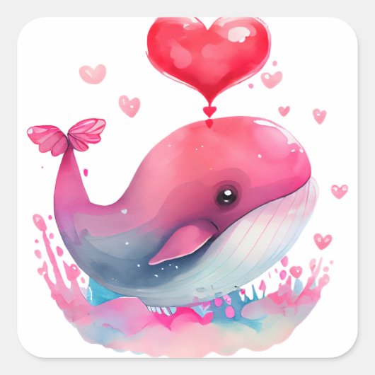 Cute Hart Roze Walvis Valentijn Vierkante Sticker (Voorkant)