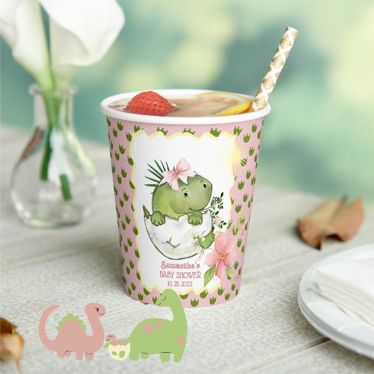 Cute Hatching Dino Girl Baby Shower Paper Cups Papieren Bekers