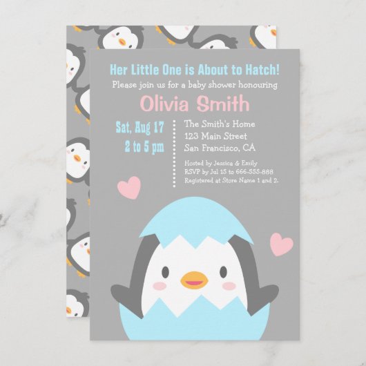Cute Hatching Penguin Baby Shower Invitations Kaart (Voorkant / Achterkant)