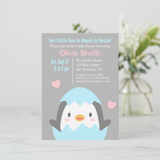 Cute Hatching Penguin Baby Shower Invitations Kaart (Staand voorkant)