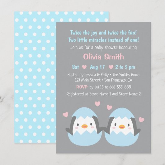 Cute Hatching Twin Penguins Baby shower Kaart (Voorkant / Achterkant)