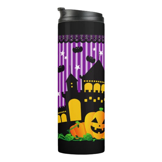 Cute Haunted House Bats and Pumpkins Thermosbeker (Geroteerd rechts)