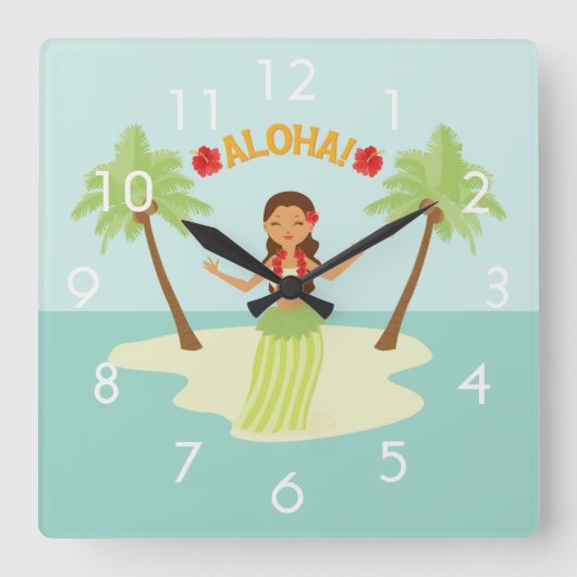Cute Hawaiian Hula Girl Luau Clock w/ Numbers Vierkante Klok (Voorkant)