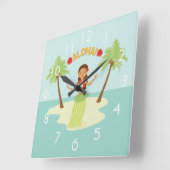 Cute Hawaiian Hula Girl Luau Clock w/ Numbers Vierkante Klok (Hoek)