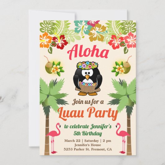 Cute Hawaiian Penguin | Luau Birthday Party Invite Kaart (Voorkant)