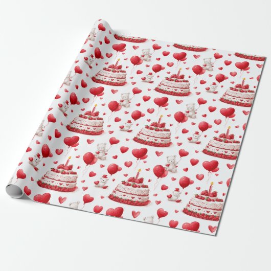 Cute Heart Birthday, Valentine Celebration Pattern Cadeaupapier (Uitgerold)