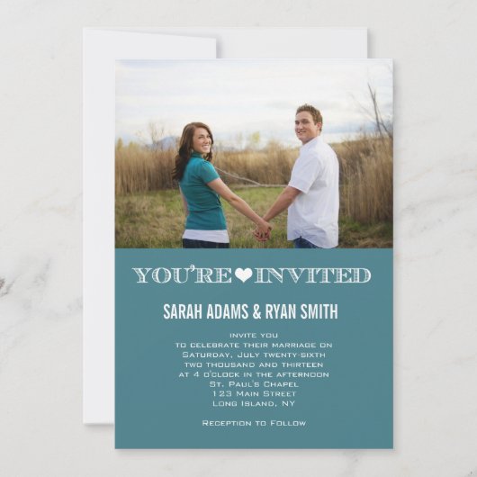 Cute Heart Blauwgroen Wedding Photo Invitations Kaart (Voorkant)