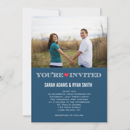Cute Heart Blue Red Wedding Photo Invitations Kaart (Voorkant)