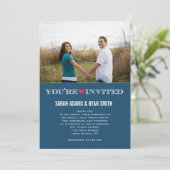 Cute Heart Blue Red Wedding Photo Invitations Kaart (Staand voorkant)