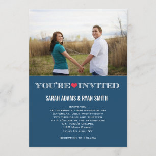 Cute Heart Blue Red Wedding Photo Invitations Kaart