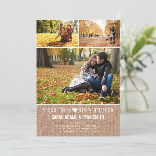 Cute Heart Burlap Wedding Three Photo Uitnodiging (Staand voorkant)