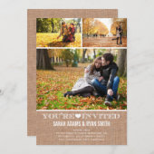 Cute Heart Burlap Wedding Three Photo Uitnodiging (Voorkant / Achterkant)