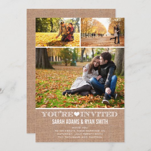 Cute Heart Burlap Wedding Three Photo Uitnodiging (Voorkant / Achterkant)