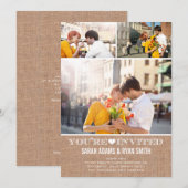 Cute Heart Burlap Wedding Three Photo Uitnodiging (Voorkant / Achterkant)