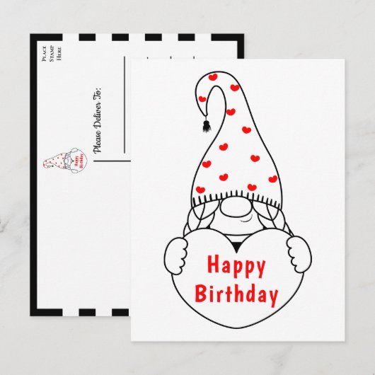 Cute Heart Cartoon Red Black Garden Gnome Birthday Briefkaart (Voorkant / Achterkant)