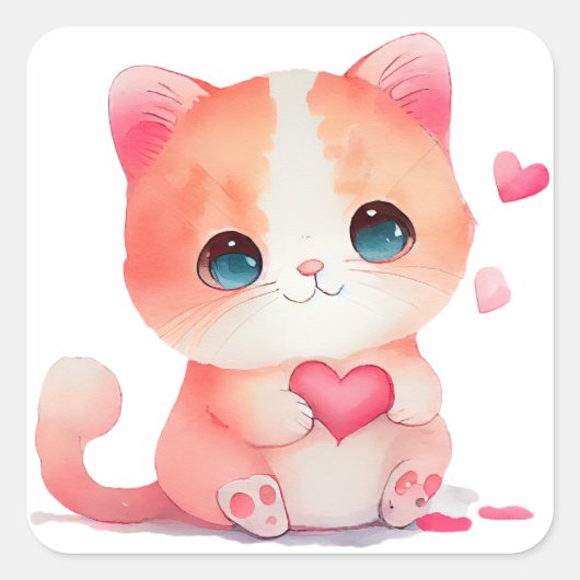 Cute Heart Cat Valentijn Vierkante Sticker (Voorkant)