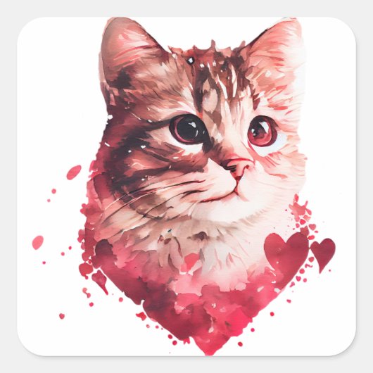 Cute Heart Cat Valentijn Vierkante Sticker (Voorkant)
