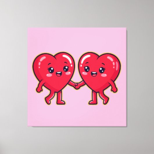 Cute Heart Characters Holding Hands Canvas Afdruk (Voorkant)
