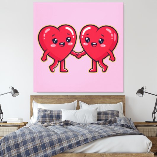 Cute Heart Characters Holding Hands Canvas Afdruk (Insitu (Slaapkamer))