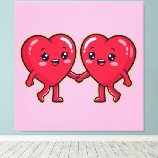 Cute Heart Characters Holding Hands Canvas Afdruk (Insitu (Houten vloer))