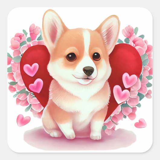 Cute Heart Corgi Dog Valentijn Vierkante Sticker (Voorkant)