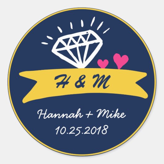 Cute Heart Diamond Wedding Favor Monogram Sticker (Voorkant)