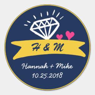 Cute Heart Diamond Wedding Favor Monogram Sticker