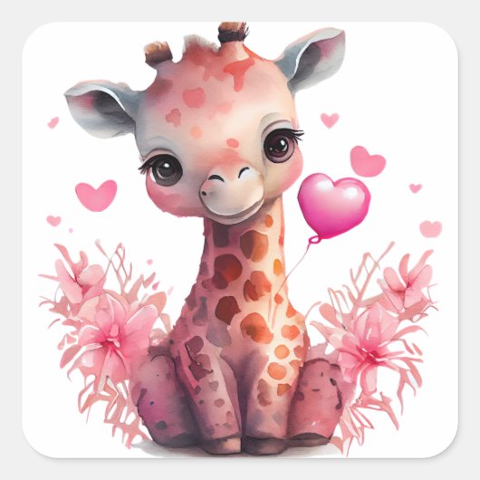 Cute Heart Giraffe Valentijnskaart Vierkante Sticker (Voorkant)