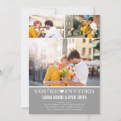 Cute Heart Gray Wedding Three Photo Uitnodiging (Voorkant)