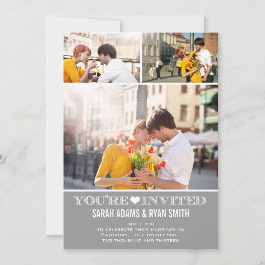 Cute Heart Gray Wedding Three Photo Uitnodiging (Voorkant)