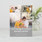 Cute Heart Gray Wedding Three Photo Uitnodiging (Staand voorkant)