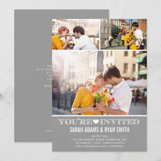 Cute Heart Gray Wedding Three Photo Uitnodiging (Voorkant / Achterkant)