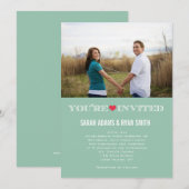 Cute Heart Green Red Wedding Foto-uitnodigingen Kaart (Voorkant / Achterkant)