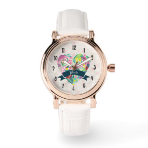 Cute Heart met Tropische Bloemen Gepersonaliseerd Horloge
