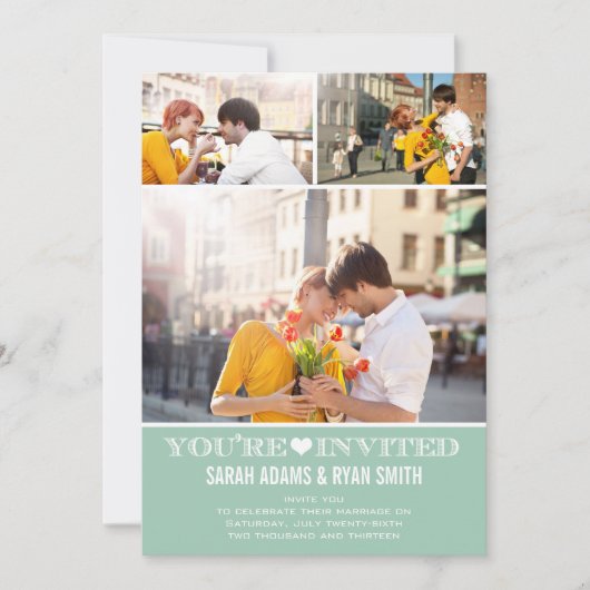 Cute Heart Mint Wedding Three Photo Uitnodiging (Voorkant)