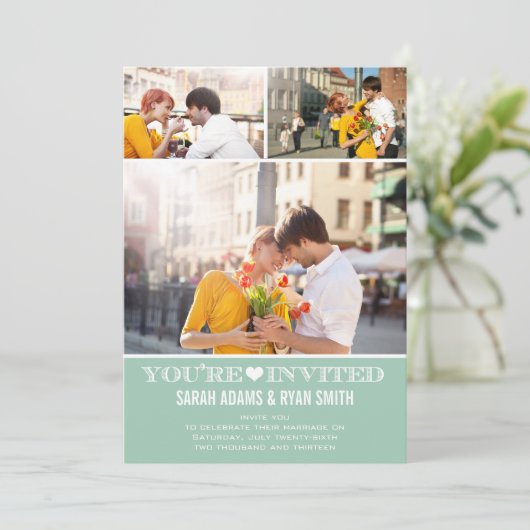 Cute Heart Mint Wedding Three Photo Uitnodiging (Staand voorkant)