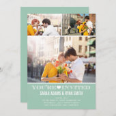 Cute Heart Mint Wedding Three Photo Uitnodiging (Voorkant / Achterkant)