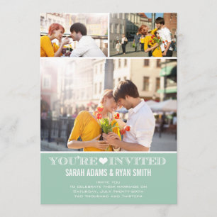 Cute Heart Mint Wedding Three Photo Uitnodiging
