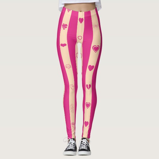 Cute Heart Modern Hot Pink Stripe Leggings (Voorkant)