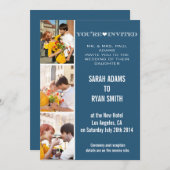 Cute Heart Navy Wedding Three Photo Uitnodiging (Voorkant / Achterkant)