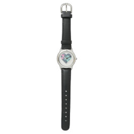 Cute Heart Notitieboek Black Leather Blue Pink MOD Horloge