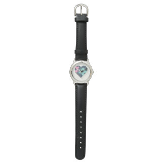 Cute Heart Notitieboek Black Leather Blue Pink MOD Horloge