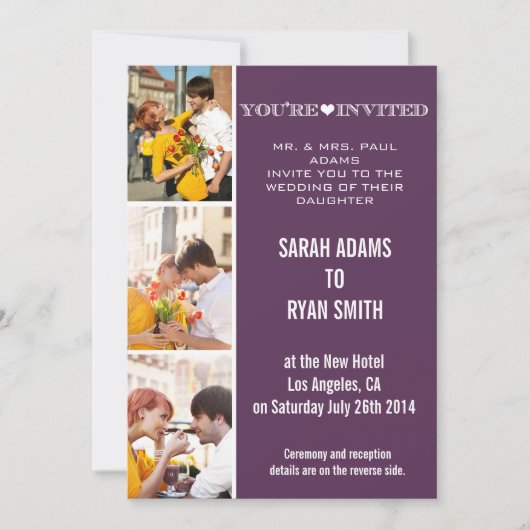 Cute Heart Paars Wedding Three Photo Uitnodiging (Voorkant)