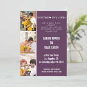 Cute Heart Paars Wedding Three Photo Uitnodiging (Staand voorkant)