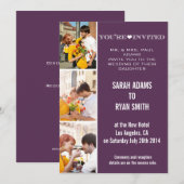 Cute Heart Paars Wedding Three Photo Uitnodiging (Voorkant / Achterkant)