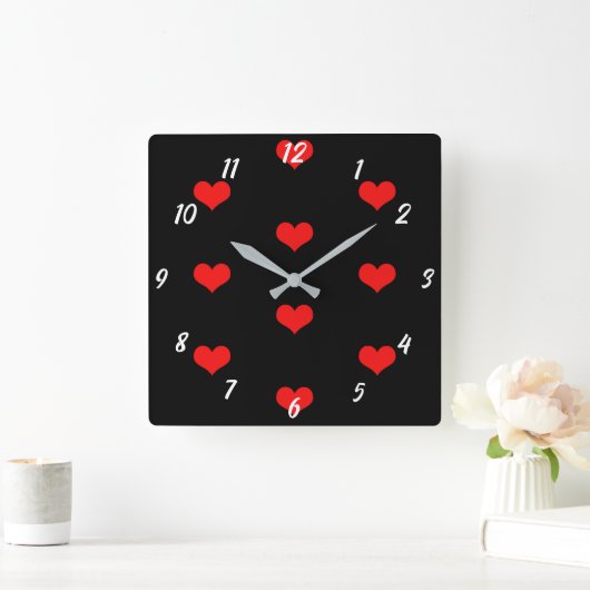Cute Heart Pattern Red Custom Black Valentijnsdag Vierkante Klok (Huis)