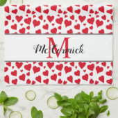 Cute Heart Pattern Red White Monogram Aangepast Theedoek (Gevouwen)