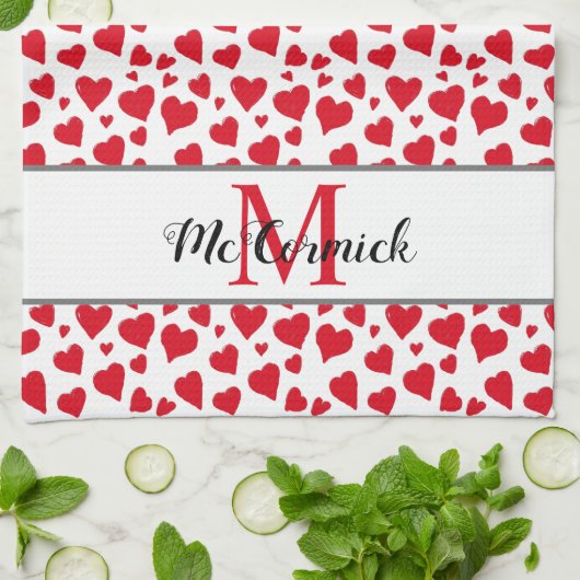 Cute Heart Pattern Red White Monogram Aangepast Theedoek (Gevouwen)